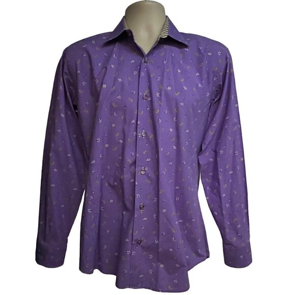Jared Lang Mens Purple Paisley Button Up Shirt Medium Flip Contrast Collar Cuffs - Picture 4 of 9